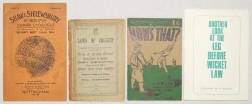 ‘Shaw & Shrewsbury Sports Co. Ltd. Summer Catalogue’ c.1920. Sold with three books on the laws of the game, ‘Another Look at the Leg Before Wicket Law’, Leonard W.K. Martin, 1979. Signed to inside front cover by the author. Also ‘Laws of Cricket’, M.C.C. 