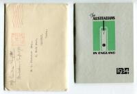 Australia tour 1934. ‘The Australians in England’. Small 20pp souvenir brochure for the Australian tour of England. Published by the Manchester Guardian. Pictorial covers. The booklet contained in the envelope it was posted in by The Manchester Guardian t