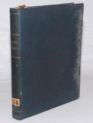 &lsquo;Cricket: A Weekly Record of the Game&rsquo;. 1887. Volume VI numbers 140-169, 27th January- 29th December 1887. Bound in dark blue cloth, gilt title to spine, red speckled page edges. Title and contents pages to front. Lacking original wrappers. Complete with 