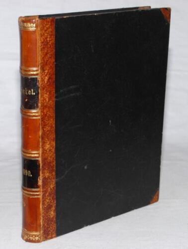 ‘Cricket: A Weekly Record of the Game’. 1890. Volume IX numbers 230-259, 24th January- 27th December 1890. Nicely bound in quarter leather, gilt title and raised bands to spine. Title and contents pages to front. Lacking original wrappers. Complete with t