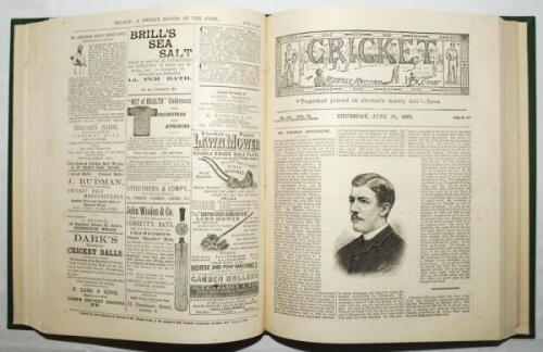 ‘Cricket: A Weekly Record of the Game’. Volume VI. Numbers 140-169 (27th January to 29th December 1887). Bound in modern green cloth, gilt to spine incorrectly titled ‘Volume III’. Title page and contents page to front, lacking original wrappers. Illustra