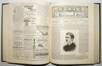 ‘Cricket: A Weekly Record of the Game’. Volume VI. Numbers 140-169 (27th January to 29th December 1887). Bound in modern green cloth, gilt to spine incorrectly titled ‘Volume III’. Title page and contents page to front, lacking original wrappers. Illustra