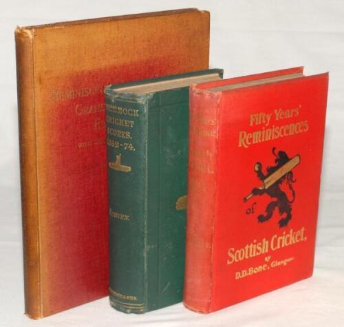 ‘Fifty Years Reminiscences of Scottish Cricket’, D.D. Bone, Glasgow 1898. Red cloth with decorative front cover, gilt titles to front and spine and top page edges. Ownership name of A.D. Taylor, and his bookplate ‘Alfred D. Taylor. Collector of Cricketana