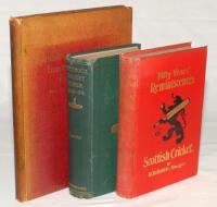 ‘Fifty Years Reminiscences of Scottish Cricket’, D.D. Bone, Glasgow 1898. Red cloth with decorative front cover, gilt titles to front and spine and top page edges. Ownership name of A.D. Taylor, and his bookplate ‘Alfred D. Taylor. Collector of Cricketana