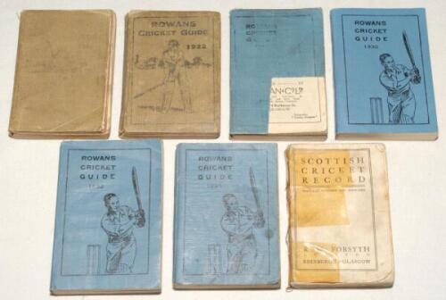 Scottish cricket. ‘Rowans Cricket Guide’. Glasgow. 1922, 1923, 1925, 1930, 1932 and 1935. Original limp pictorial cloth covers. Wear and fading to the 1922 and 1923 issues, corner clipped from the front cover of the 1925, otherwise in good condition. Also