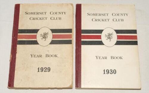 Somerset County Cricket Club Year Book 1929 and 1930. Wessex Press. Taunton 1929 and 1931. Original decorative boards. Some wear with small loss to the spine of the 1929 edition, some wear and soiling to boards, some breaking to spine block, some wear and