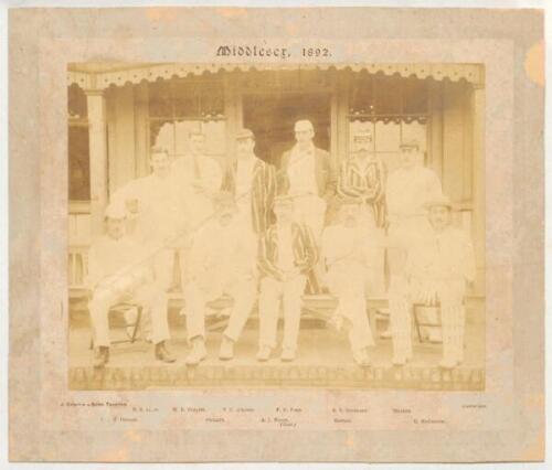 ‘Middlesex 1892’. Early original sepia photograph of the Middlesex team for the match v Somerset at Taunton, 22nd-23rd August 1892 .The players, seated and standing in rows wearing cricket attire, are Webbe (Captain), R.S. Lucas, Collins, O’Brien, F.G. Fo