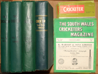 ‘The Cricketer Magazine’. Bound volumes for 1922 (2nd year), 1924, 1926 and 1932. Three of the volumes in original publishers green binding. Sold with some loose editions from the 1950’s. G