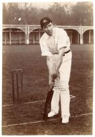 Frank Laver. Victoria & Australia 1891-1912. Original sepia photograph of Australian batsman Frank Laver in batting pose in front of the wicket, wearing Australian cap, at the nursery ground at Lord’s probaly in 1905 rather than in 1909