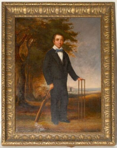 ‘Boy Cricketer’. Charming study in oil of a young cricketer, wearing suit, white shirt and bow tie holding a bat in his left hand with his hand on the wicket to side, rather extra tall and narrow stumps and bails.