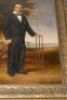 ‘Boy Cricketer’. Charming study in oil of a young cricketer, wearing suit, white shirt and bow tie holding a bat in his left hand with his hand on the wicket to side, rather extra tall and narrow stumps and bails. - 6