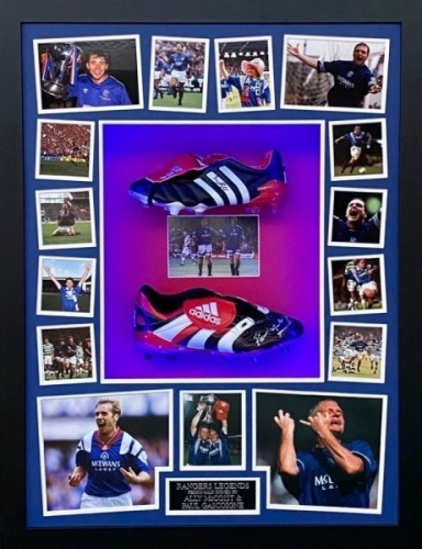 Paul Gascgoine And Ally Mccoist Signed Boots In A Rangers Fc Led Framed Display Certificate of Authenticity