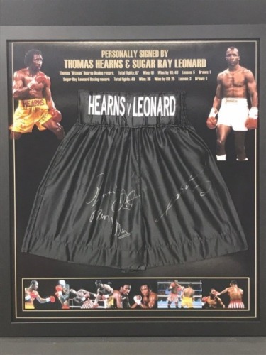 Thomas Hearns And Sugar Ray Leonard Dual Signed And Framed Shorts Certificate of Authenticity
