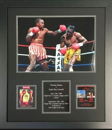Sugar Ray Leonard And Thomas Hearns Signed And Framed Boxing Display Certificate of Authenticity