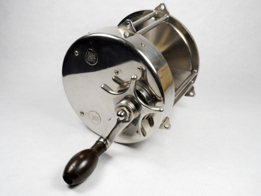 A superb Hardy Zane Grey 7 big game multiplier reel, constructed from Monel  metal and with large bulbous ebonite handle mounted on off-set chamfered  crank winding arm above a five point capstan