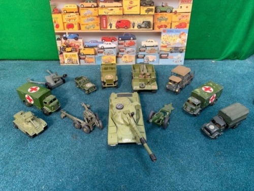 A Selection Of Dinky Military Vehicles Includes 2 X Jeeps 3 X Anti-Tank Guns And 2 X Military Medic Vehicles In Addition To Several Other Vehicles As Photographed (Ref PA187)