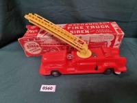 Louis Marx Mechanical Fire Truck With Siren And Aerial Ladders Circa 1949 Vintage Plastic Model Car In Original Box Missing End Flaps Missing Key (Ref PA560)