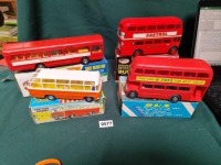 4 Vintage Plastic Bus Toys Comprising Of NFIC Plastic Model No.3107 "Red Arrow" Single Decker, Coral Plastics Catalogue No T17 Mettoy 875 Castrol Double Decker Bus With Friction, OK Toys Double Decker Bus (No. 3314) In Original Box And NFIC Plastic Model 