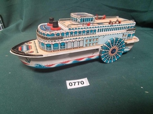 MT Modern Toys Japan Tin Plate Sidewheeler River Steamer Friction Toy Named Queen River (Circa 1964-1970) (Ref PA770)