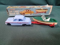 Vintage Blue Box Plastic Toy Series Car And Boat Trailer Set No. 7458A Scale Approx. 1:43. Circa 1960s (Ref PA824)