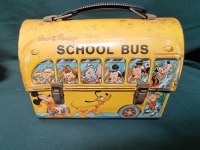 Disney School Bus Dome Lunch Box This Domed, Tin Lunch Box Was Made By Aladdin Industries In 1961. It Has Two Metal Snaps For A Hinged Lid And A Collapsible, Yellow Plastic Handle. The Box Is In The Shape Of A School Bus , And Colourful Portraits Of Disne