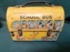 Disney School Bus Dome Lunch Box This Domed, Tin Lunch Box Was Made By Aladdin Industries In 1961. It Has Two Metal Snaps For A Hinged Lid And A Collapsible, Yellow Plastic Handle. The Box Is In The Shape Of A School Bus , And Colourful Portraits Of Disne