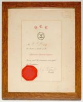 Harvard Cricket Club (Massachusetts, U.S.A.). Official membership certificate issued to R.P. Bass, and signed by A.J. Peters Jr., Secretary of the Club. The undated certificate with emblem of crossed bats and stumps to centre, and wax seal to lower left c