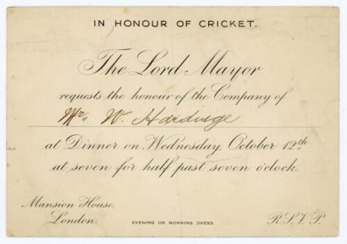 Harold Thomas William ‘Wally’ Hardinge. Kent & England 1902-1933. Official menu and invitation card for the ‘Dinner in Honour of Cricket’ held at The Mansion House, London on the 12th October 1927. The invitation reads ‘The Lord Mayor requests the honour 