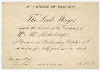 Harold Thomas William ‘Wally’ Hardinge. Kent & England 1902-1933. Official menu and invitation card for the ‘Dinner in Honour of Cricket’ held at The Mansion House, London on the 12th October 1927. The invitation reads ‘The Lord Mayor requests the honour 