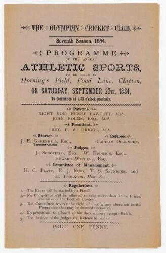 ‘The Olympian Cricket Club. Seventh Season, 1884’. Official folding programme for the Annual Sports event held at Horning’s Field, Clapton, 27th September 1884. The four page programme with printed titles, list of officers and regulations to front, and li