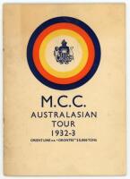 Bodyline. M.C.C. tour to Australia 1932/33. Scarce original tour booklet issued on board the S.S. Orontes. Believed to be Freddie Brown’s copy with his handwritten match scores in ink to the Notes page. Previously sold as part of the Freddie Brown collect