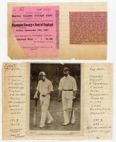 ‘Champion County [Nottinghamshire] v. Rest of England’ 1907. Official ticket for the second day of the match played at the Kennington Oval, 12th- 14th September 1907, for the East Stand, price 1s. 0d. The ticket is clipped to the left edge and lower corne