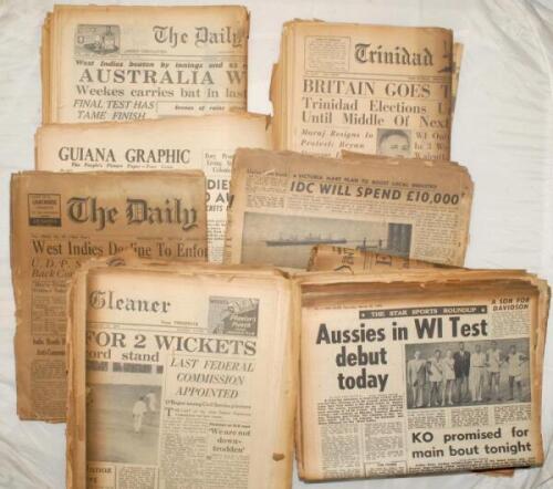 Australia tour to West Indies 1955. A large selection of over forty original newspapers with coverage of the 1955 Australian tour to West Indies. Newspapers include Guiana Graphic, The Daily Chronicle (Georgetown, British Guiana), Trinidad Guardian, The S