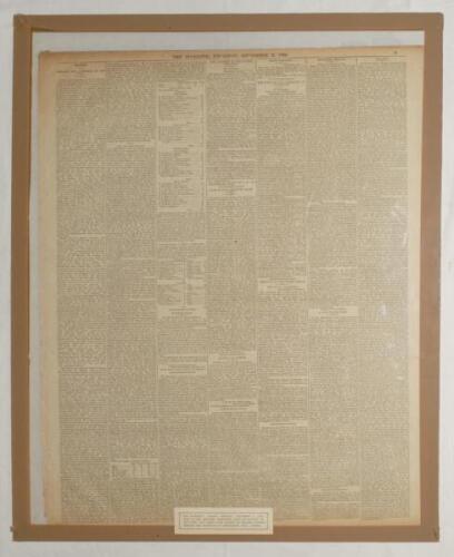 ‘The Standard’. 9th September 1880. Original complete copy of the broadsheet newspaper with a lengthy report, covering two and a half columns, on the first Test match between England and Australia to be played in England, at The Oval, 6th- 8th September 1