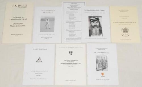 Cricketers’ orders of service. A selection of original orders of services of thanksgiving for Godfrey Evans held at Canterbury Cathedral, 21st September 1999, Bob Woolmer held at St. John’s Wood Church, 7th September 2007, Sir Alec Bedser, Southwark Cathe