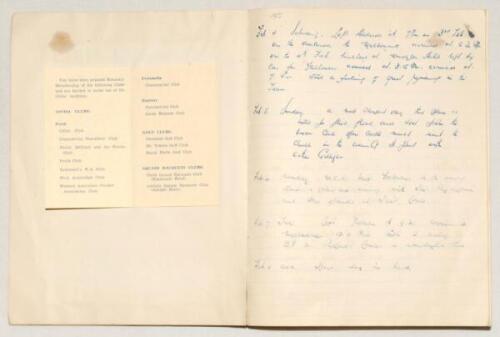 Harold W. Dalton. England masseur. M.C.C. tour to Australia and New Zealand 1954/55. ‘Ideal’ exercise book with daily diary entries handwritten in ink by Dalton recording travel, activities for each day, and his observations on conditions and his records 