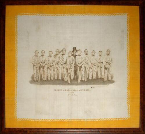 ‘Eleven of England in Australia with Mr. Mallam’ 1861/62. Very rare and early large silk handkerchief commemorating England’s first cricket tour to Australia. The centre printed in sepia with an image of the eleven members of the touring party, all named,