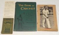 Cricket books, scrapbook and scorecard. A mixed bag including ‘Cricket: A Handbook of the Game’, W.G. Grace, A.C. Maclaren, A.E. Trott etc., London 1907. Original limp decorative green cloth covers, with wear. ‘The Book of Cricket. A Gallery of Famous Pla