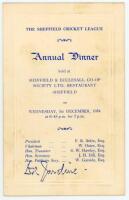 Douglas Robert Jardine. Surrey & England 1921-1933. Official folding menu for The Sheffield Cricket League Annual Dinner held on the 1st December 1954. Signed by Jardine, a speaker at the Dinner, to front cover in ink. Minor soiling, otherwise in very goo