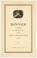 ‘Dinner to celebrate the 50th Anniversary of the Eton v Harrow match of 1900’. Official four page folding menu for the dinner held in London, 13th July 1950, during the match played at Lord’s, 13th & 14th July 1950. The menu with titles to front, copy of 