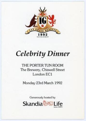 Surrey C.C.C. 1992. Official folding menu for the ‘Ian Greig Benefit 1992 Celebrity Dinner’ held in London, 23rd March 1992. Signed to the inside by eleven attendees including Greig. Sold with a selection of thirty official colour photographs of the 1992 