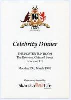 Surrey C.C.C. 1992. Official folding menu for the ‘Ian Greig Benefit 1992 Celebrity Dinner’ held in London, 23rd March 1992. Signed to the inside by eleven attendees including Greig. Sold with a selection of thirty official colour photographs of the 1992 