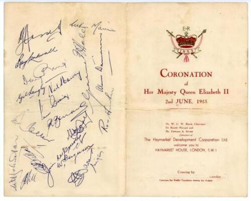 Australian tour to England 1953 ‘Coronation Tour’. Official menu for a function given by The Haymarket Development Corporation at Haymarket House, London, 2nd June 1953, the day of the Queen’s coronation. The folding menu fully signed in ink to the back p