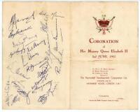 Australian tour to England 1953 ‘Coronation Tour’. Official menu for a function given by The Haymarket Development Corporation at Haymarket House, London, 2nd June 1953, the day of the Queen’s coronation. The folding menu fully signed in ink to the back p