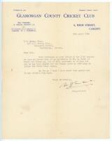Maurice Joseph Lawson Turnbull. Glamorgan, Cambridge University & England 1924-1939. Single page typed letter on Glamorgan C.C.C. letterhead, dated 13th April 1938. Writing in his capacity as Secretary, Turnbull is replying to an enquiry of which ‘we have