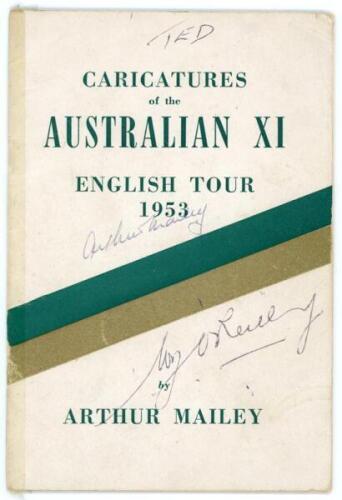 &lsquo;Caricatures of the Australian XI. English Tour 1953&rsquo;. Arthur Mailey. Sydney 1953. Original decorative wrappers. Twelve page tour souvenir with eleven pages of caricatures of all eighteen members of the Australian touring party to England 1953. This copy 