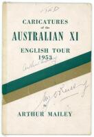 ‘Caricatures of the Australian XI. English Tour 1953’. Arthur Mailey. Sydney 1953. Original decorative wrappers. Twelve page tour souvenir with eleven pages of caricatures of all eighteen members of the Australian touring party to England 1953. This copy 