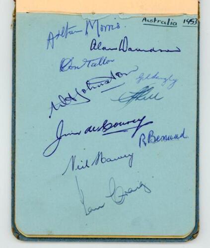 County, Australia & Pakistan autographs 1953 & 1954. Autograph album signed by counties and Test players of the period. Counties include Worcestershire 1953 (12 signatures), Kent (11), Essex (11 and 9), Northamptonshire (11), Derbyshire (9 and 11), Somers