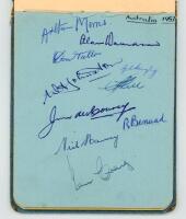 County, Australia & Pakistan autographs 1953 & 1954. Autograph album signed by counties and Test players of the period. Counties include Worcestershire 1953 (12 signatures), Kent (11), Essex (11 and 9), Northamptonshire (11), Derbyshire (9 and 11), Somers