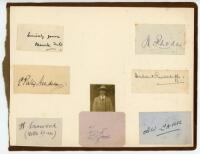 England Test cricketers autographs 1920s. Seven signatures in ink on pieces laid down to large album pages. Signatures are Maurice Tate, Patsy Hendren, Harold Larwood, Wilfred Rhodes, Herbert Sutcliffe, Arthur Carr and Fred Root. G